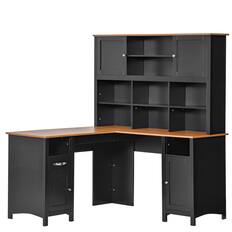 Front. Homcom - Shaped Computer Desk with Hutch, 59" Corner Desk - Black.