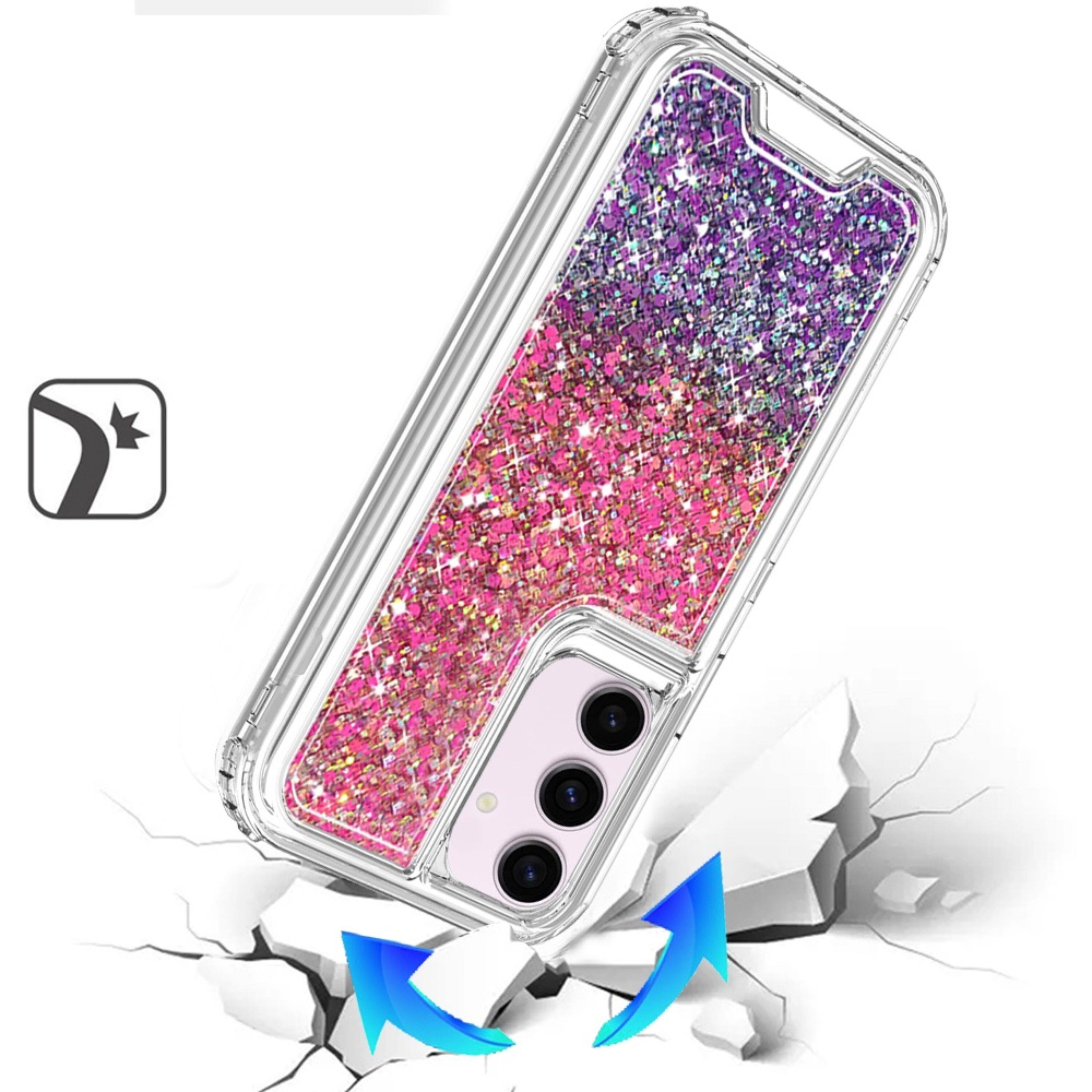 Left. Kitcheniva - Crystal Glitter 3-In-1 Protective Case With Tempered Glass For Samsung S25 Plus/S24 Plus Hot Pink/Purple - Hot Pink/Purple.