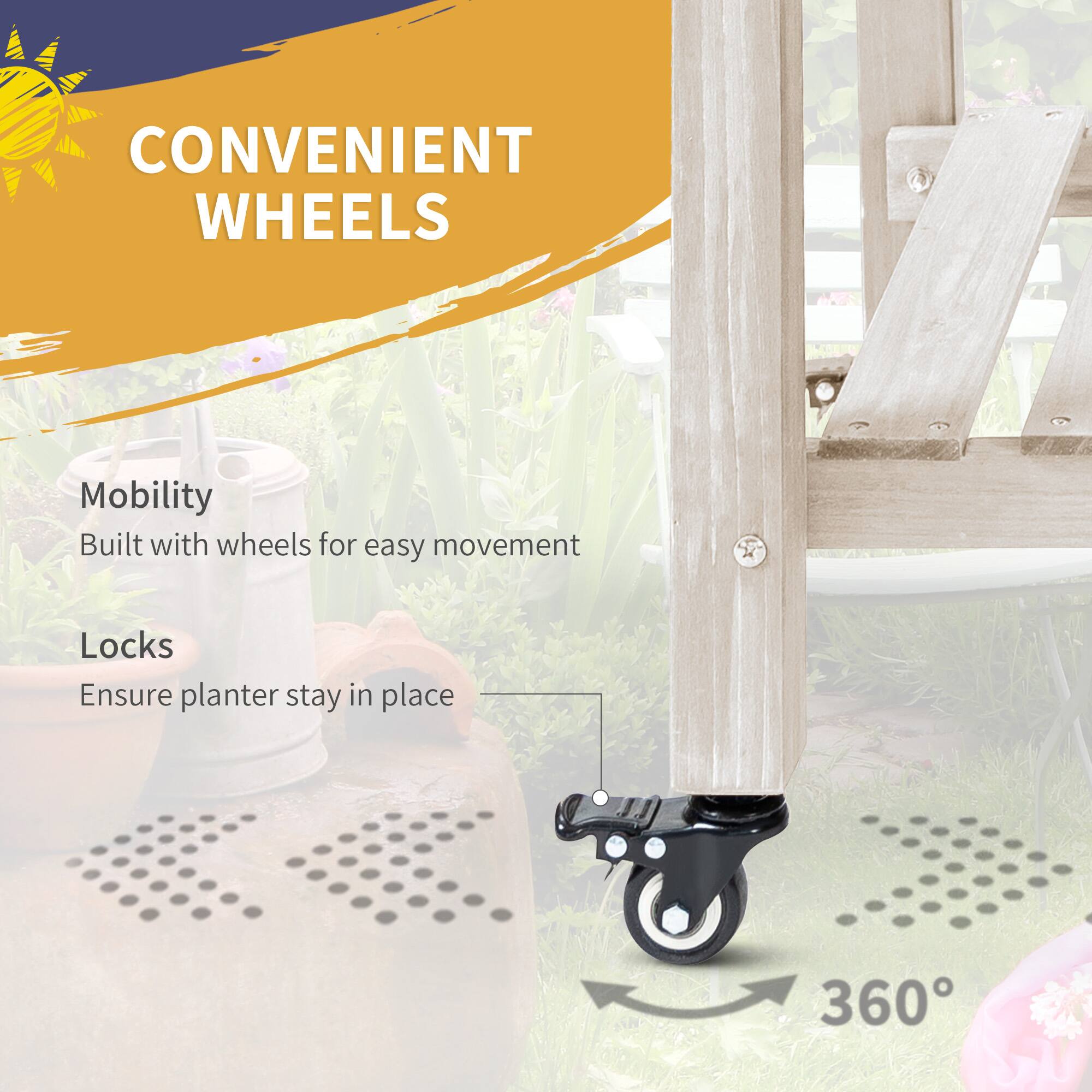 CONVENIENT WHEELS

Mobility
Built with wheels for easy movement

Locks
Ensure planter stay in place

360°