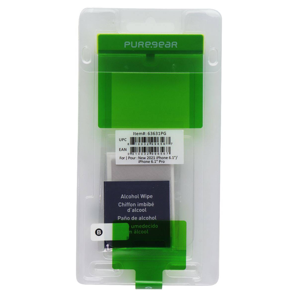 PURE9eaR  
Item#: 63631PG  
UPC: 810032 905  
EAN: 810032  
For | Pour: New 2021 iPhone 6.1" / iPhone 6.1" Pro  
Alcohol Wipe  
Chiffon imbibido d'alcool  
Pano de álcool umedecido em álcool