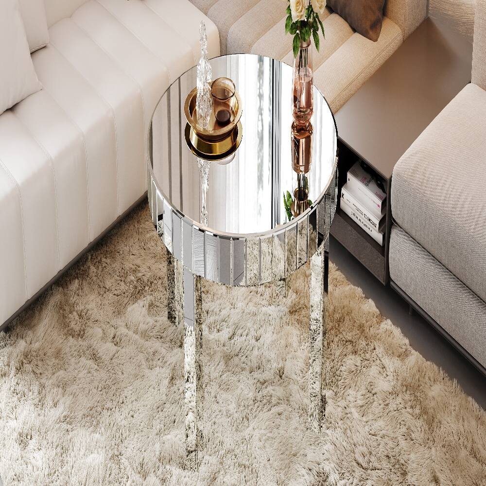 Back. Loheer - Loheer silver round mirrored coffee table, fluted mirror design center table, 31.5 inch - Silver.