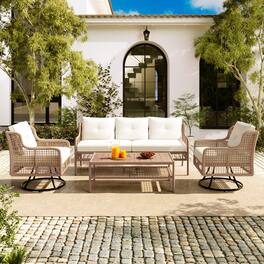 Whisen - 4-Piece Outdoor Wicker Patio Furniture Set, 3-Seater Sofa & 2 Swivel Chairs with Coffee Table - Beige