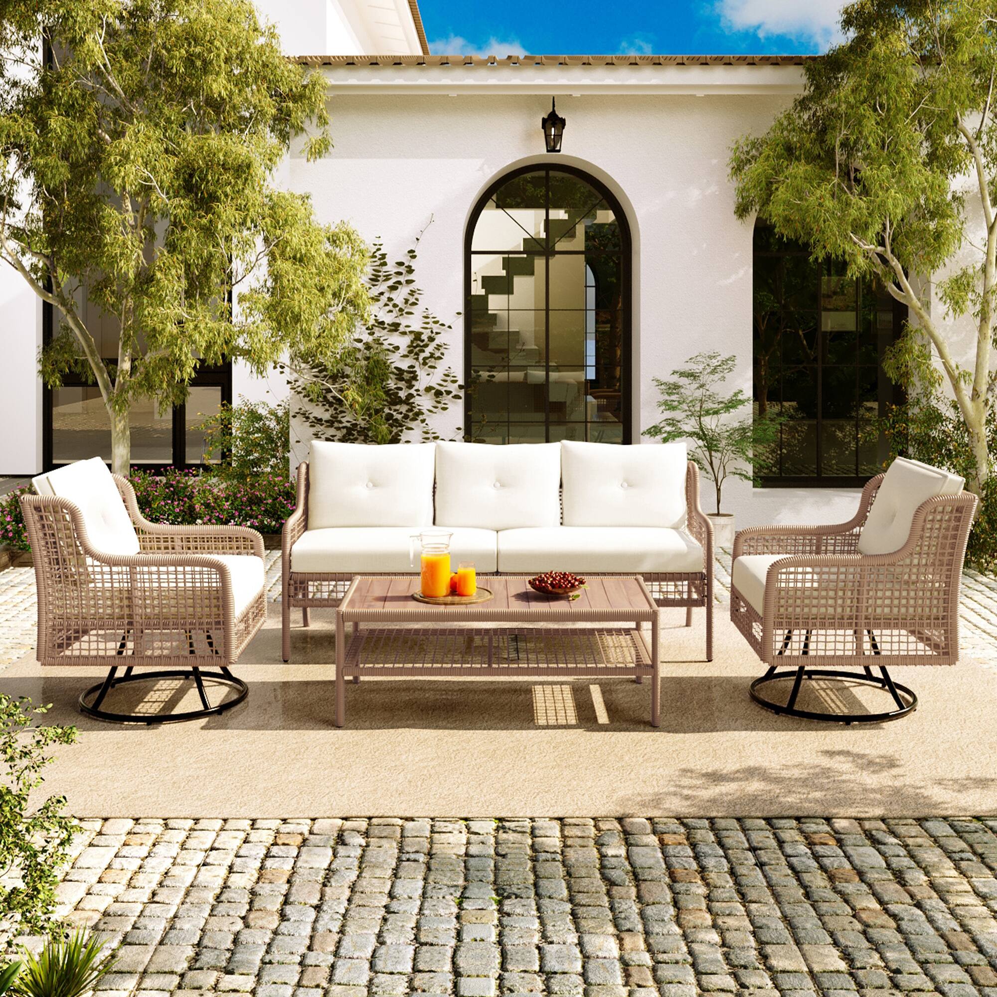Front. Whisen - 4-Piece Outdoor Wicker Patio Furniture Set, 3-Seater Sofa & 2 Swivel Chairs with Coffee Table - Beige.