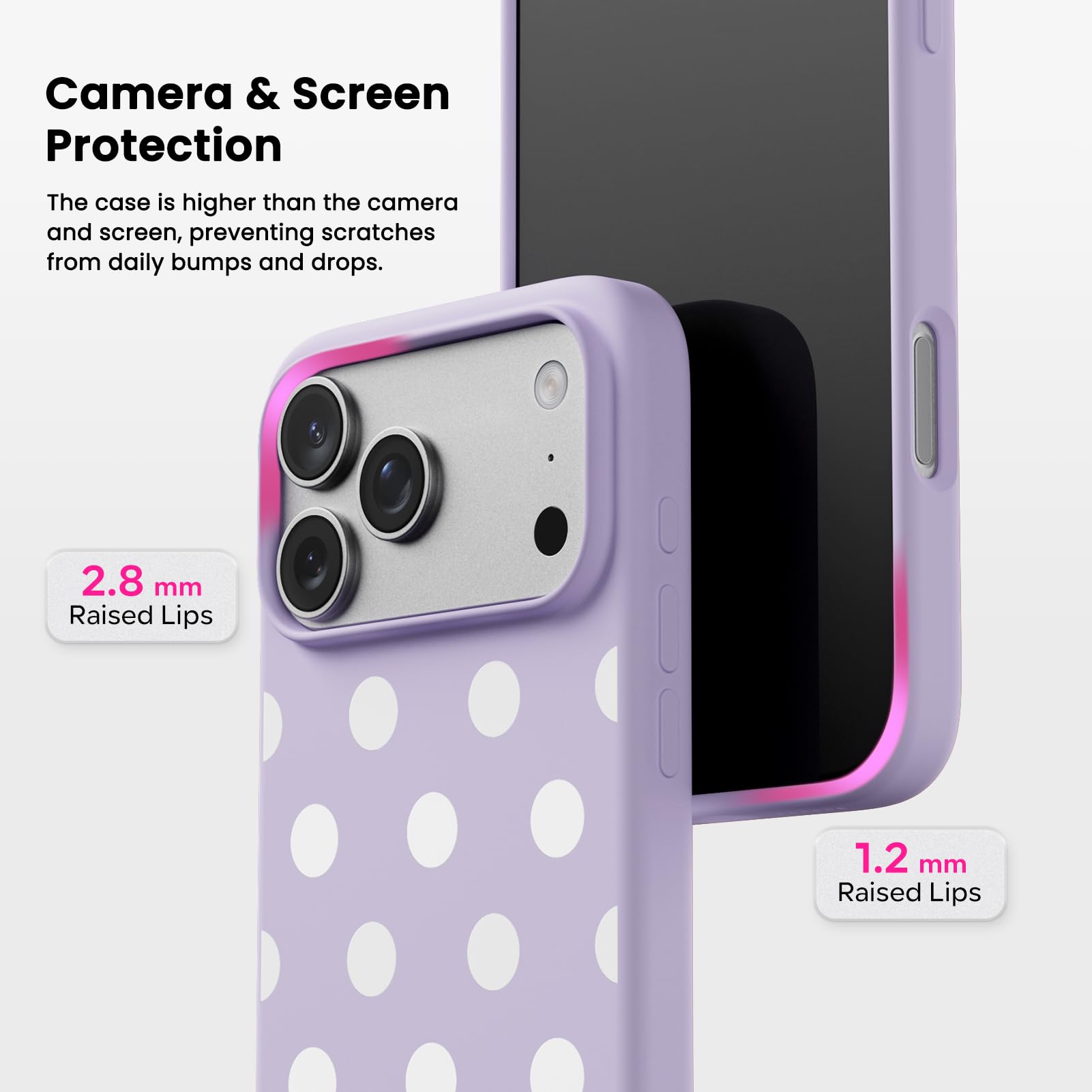 Camera & Screen Protection

The case is higher than the camera and screen, preventing scratches from daily bumps and drops.

2.8 mm Raised Lips

1.2 mm Raised Lips