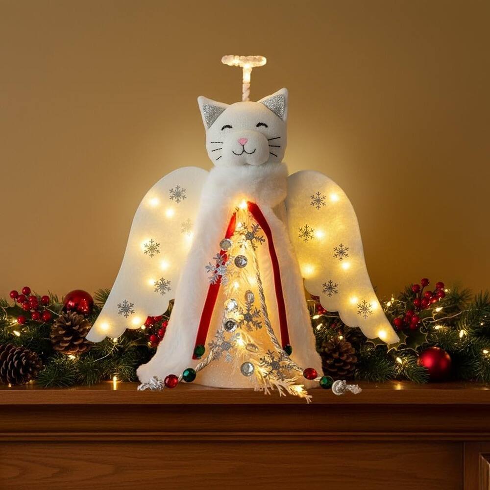 Angle. Schertz - Cat 'Christmas Miracle' Tree Topper – LED Halo, Snowflake Garland, Wings - white.