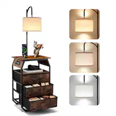 Front. VEVOR - Floor Lamp with Table, 2-Tier End Table with 3 Drawers and 3 Color Temperature Lighting, Modern Side Nightstand - Black + Brown.