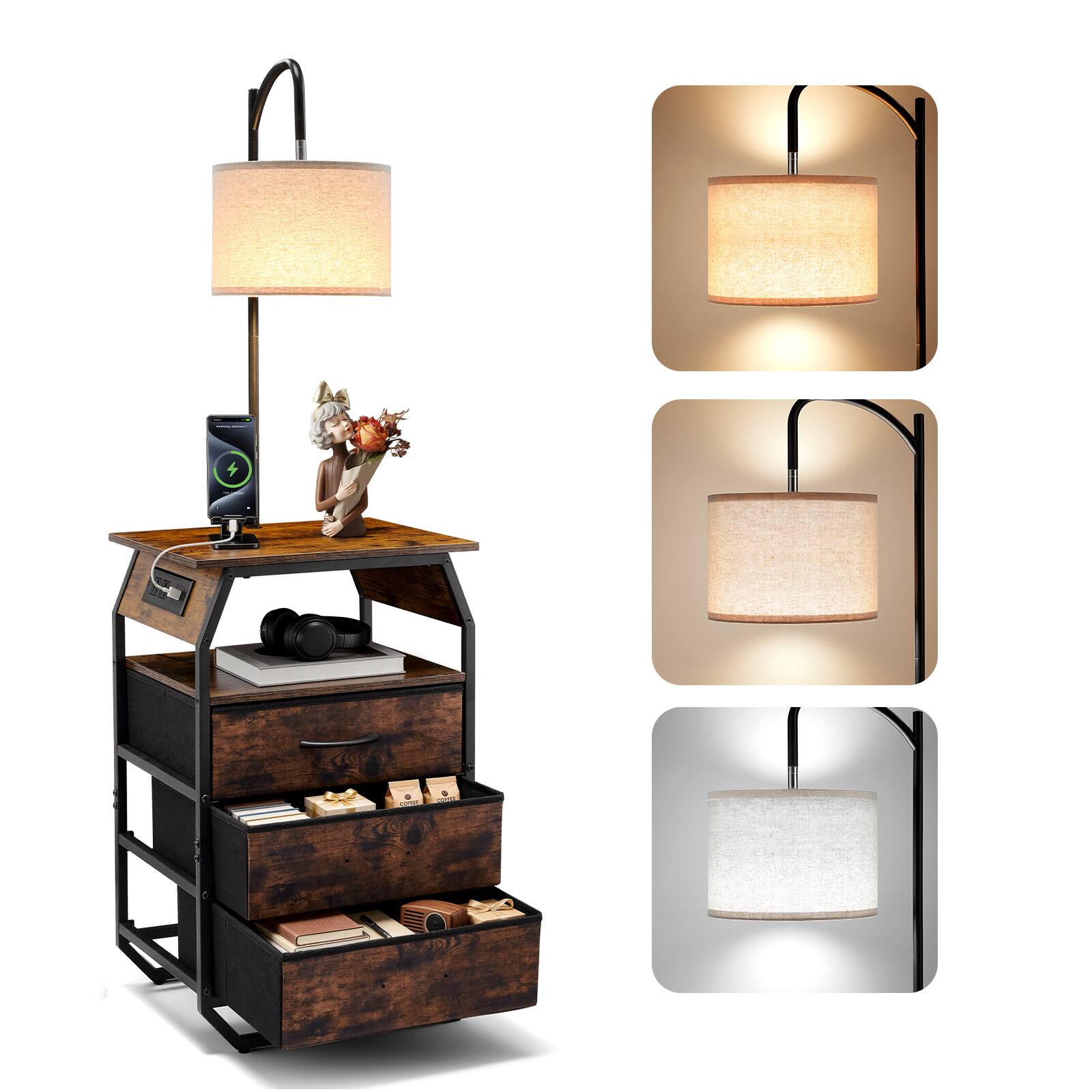 Front. VEVOR - Floor Lamp with Table, 2-Tier End Table with 3 Drawers and 3 Color Temperature Lighting, Modern Side Nightstand - Black + Brown.