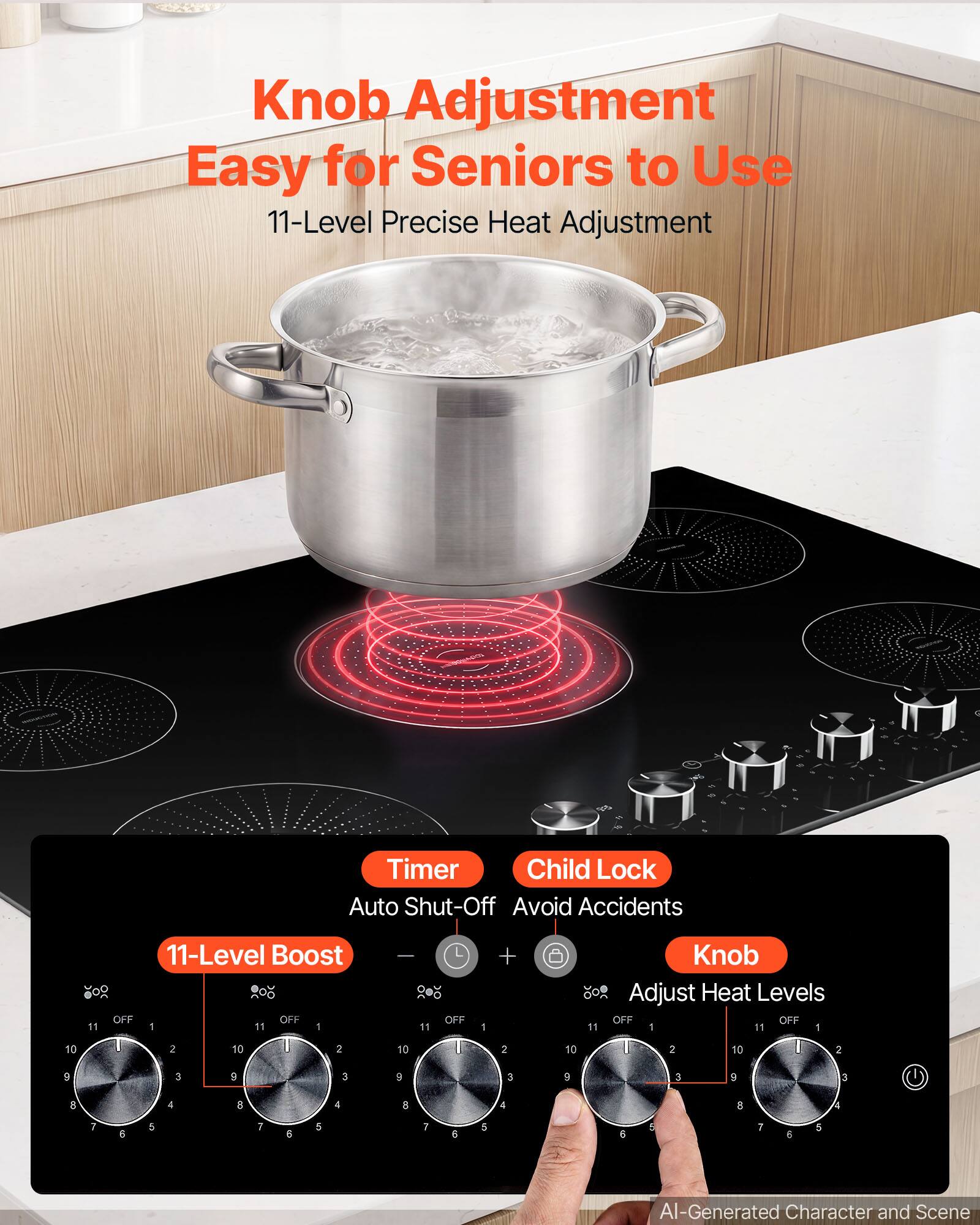 Knob Adjustment Easy for Seniors to Use  
11-Level Precise Heat Adjustment  
Timer Child Lock Auto Shut-Off Avoid Accidents  
11-Level Boost  
Knob Adjust Heat Levels