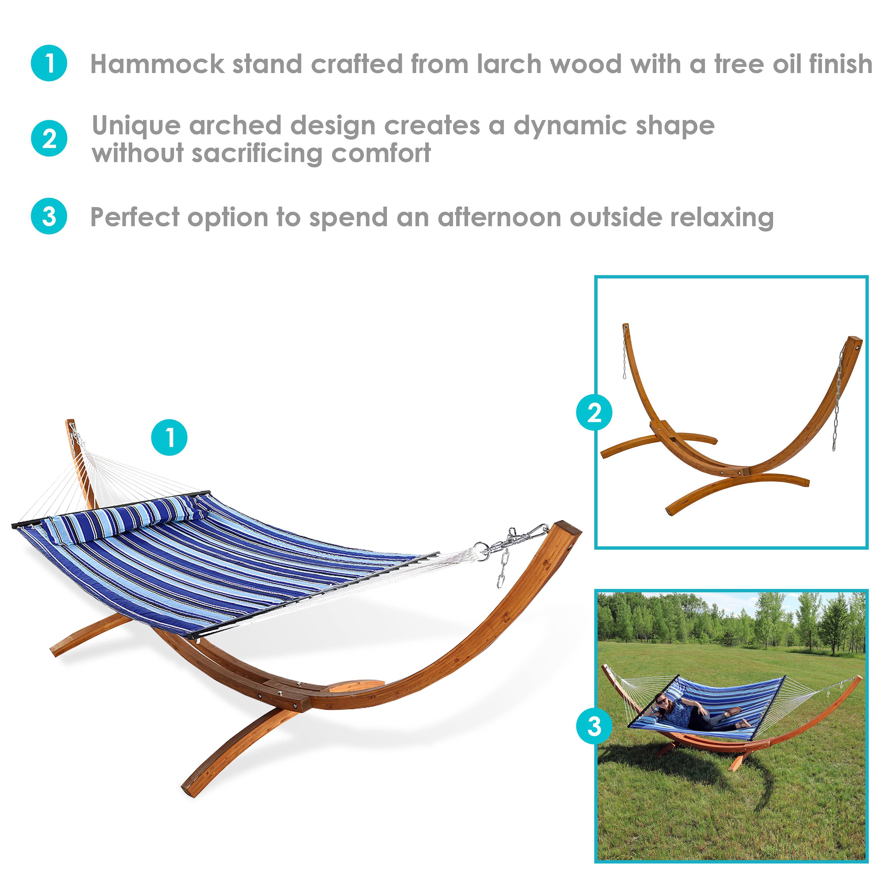 1. Hammock stand crafted from larch wood with a tree oil finish  
2. Unique arched design creates a dynamic shape without sacrificing comfort  
3. Perfect option to spend an afternoon outside relaxing