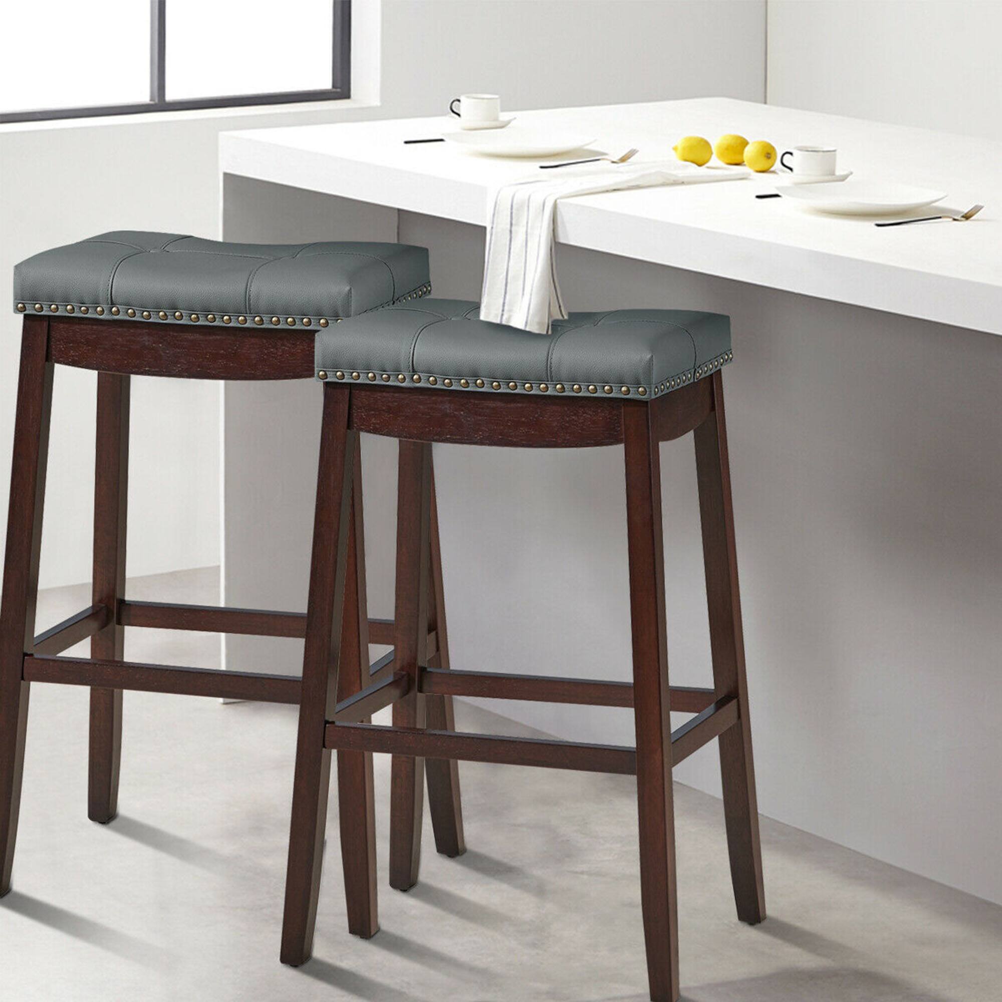 Alt View 2. Gymax - Gymax Set of 2 Nailhead Saddle Bar Stools 29'' Pub Chairs with Rubber Wood Legs Brown - as pic.