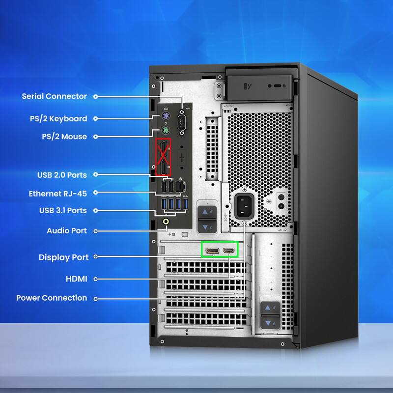 Serial Connector  
PS/2 Keyboard  
PS/2 Mouse  
USB 2.0 Ports  
Ethernet RJ-45  
USB 3.1 Ports  
Audio Port  
Display Port  
HDMI  
Power Connection