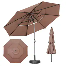 Ainfox - 10 FT 3-Tier Patio Umbrella with Base Outdoor Market Umbrella with Crank and Tilt for Garden Lawn Backyard Pool - Coffee