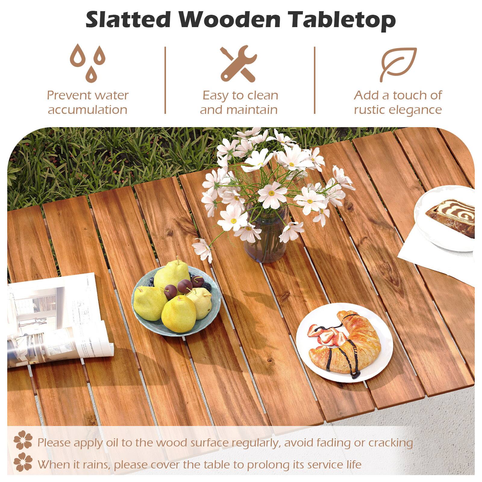 Slatted Wooden Tabletop:

* Prevent water accumulation
* Easy to clean and maintain
* Add a touch of rustic elegance

Please apply oil to the wood surface regularly to avoid fading or cracking. When it rains, please cover the table to prolong its service life.