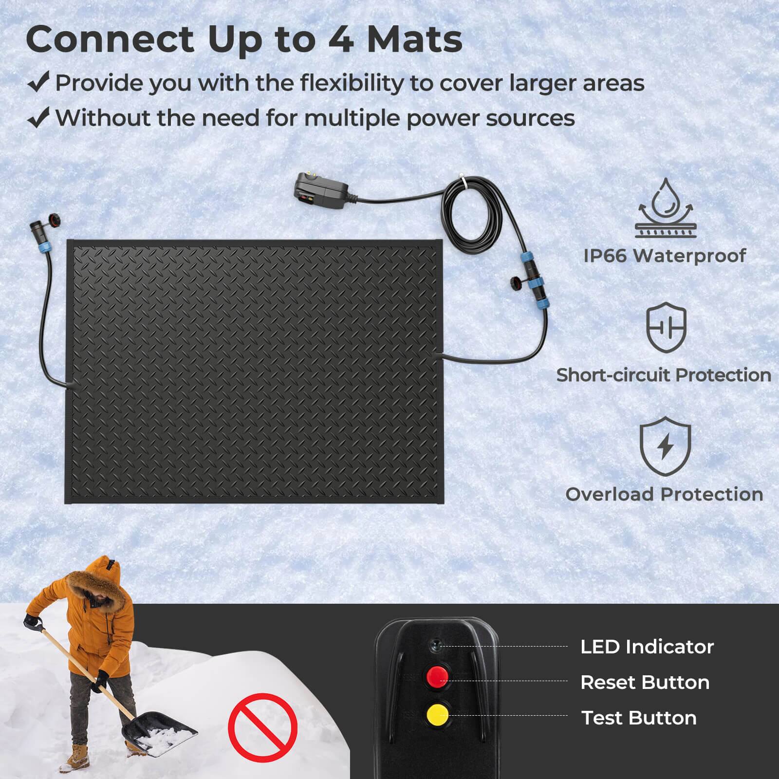Connect Up to 4 Mats: Provide you with the flexibility to cover larger areas without the need for multiple power sources. IP66 Waterproof: Short-circuit Protection: Overload Protection: LED Indicator: Reset Button: Test Button.