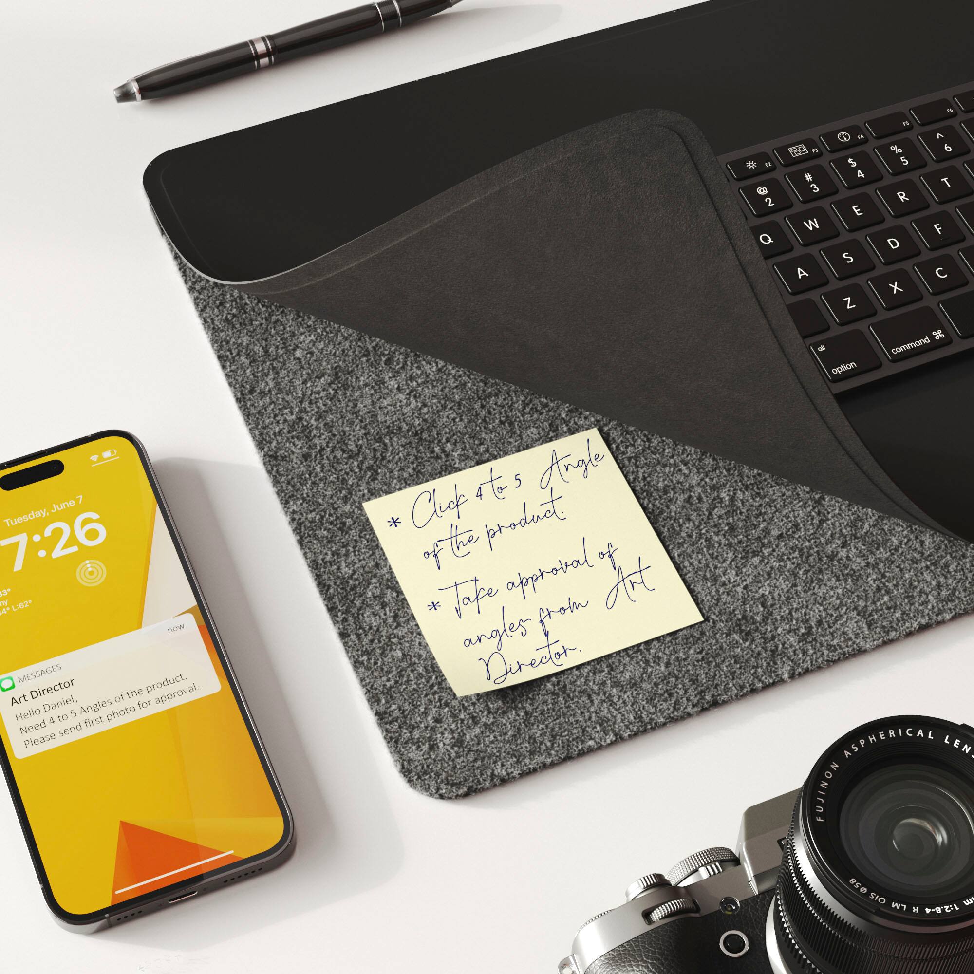 The text on the image reads:

"Chief of the approval. Daniel, 5 angles photo for Hello 4 to first Need send Please +t 5 Argyle Clof product of the approval. Art Director. ASPHERICAL LENS NONIEAS REO S - 12.84"

This text appears to be a combination of various sentences and phrases, possibly related to a project or task. However, it is not clear what the exact context or purpose of this text is without additional information.