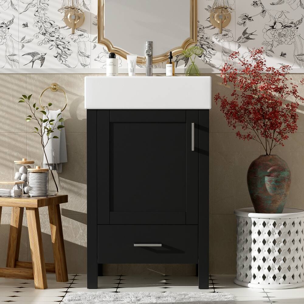 Angle. Loheer - Loheer 20 inch black bathroom vanity with ceramic sink, small bathroom vanity with drawer - Black.