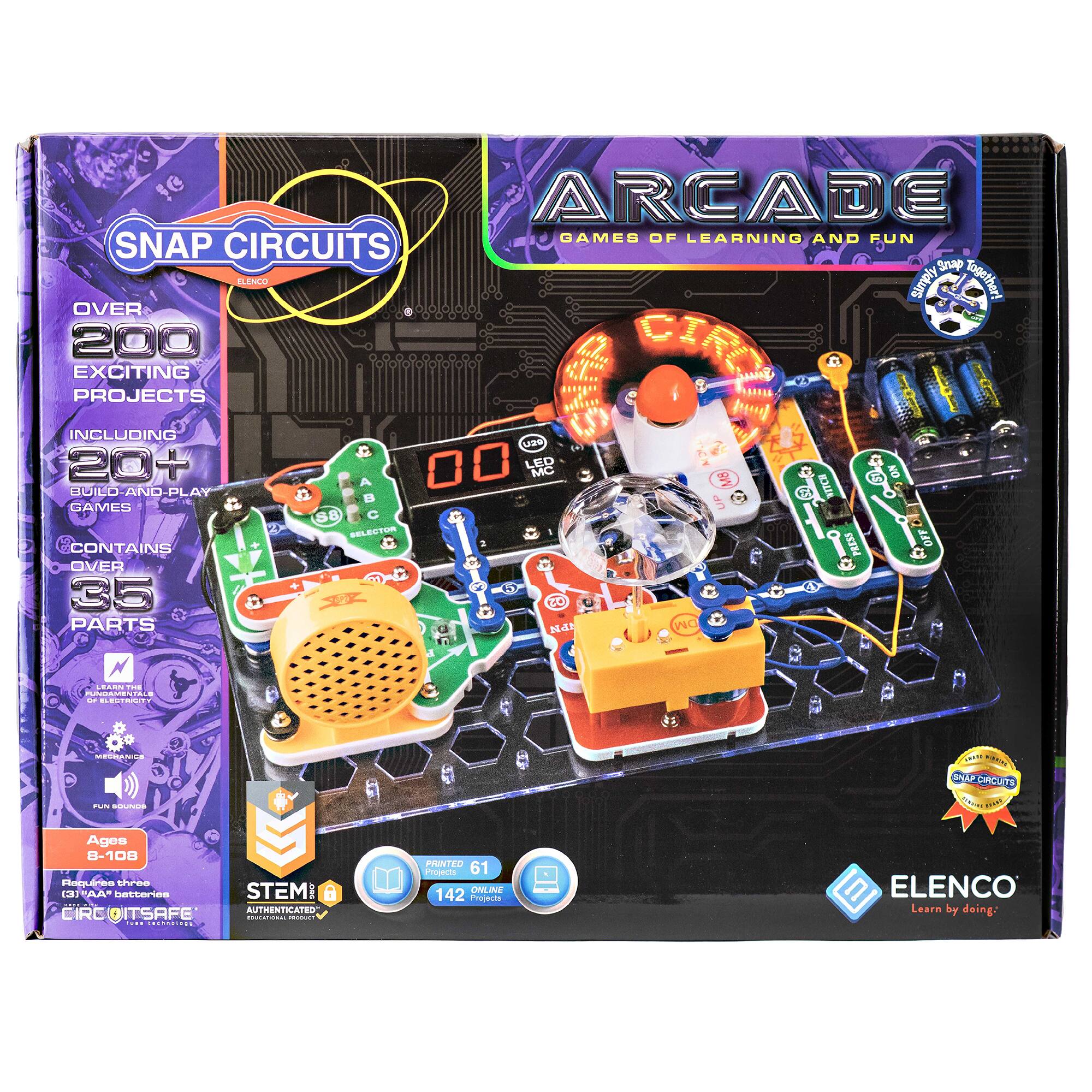 ARCADE GAMES OF LEARNING AND FUN SNAP CIRCUITS Snap Circuits Over 200 Exciting Projects Including 20+ ODILO AND PLAY GAMES CONTAINS OVER 35 PARTS 30 00 LED MC S8 SELESTUR TO 20 N DM M TH PRESS OFF ...d i RARTE - ELENCO | - STEM AUTHENTICATED ... - PROVIDED FREE ONLINE 142 Projects ELENCO Learn by doing: