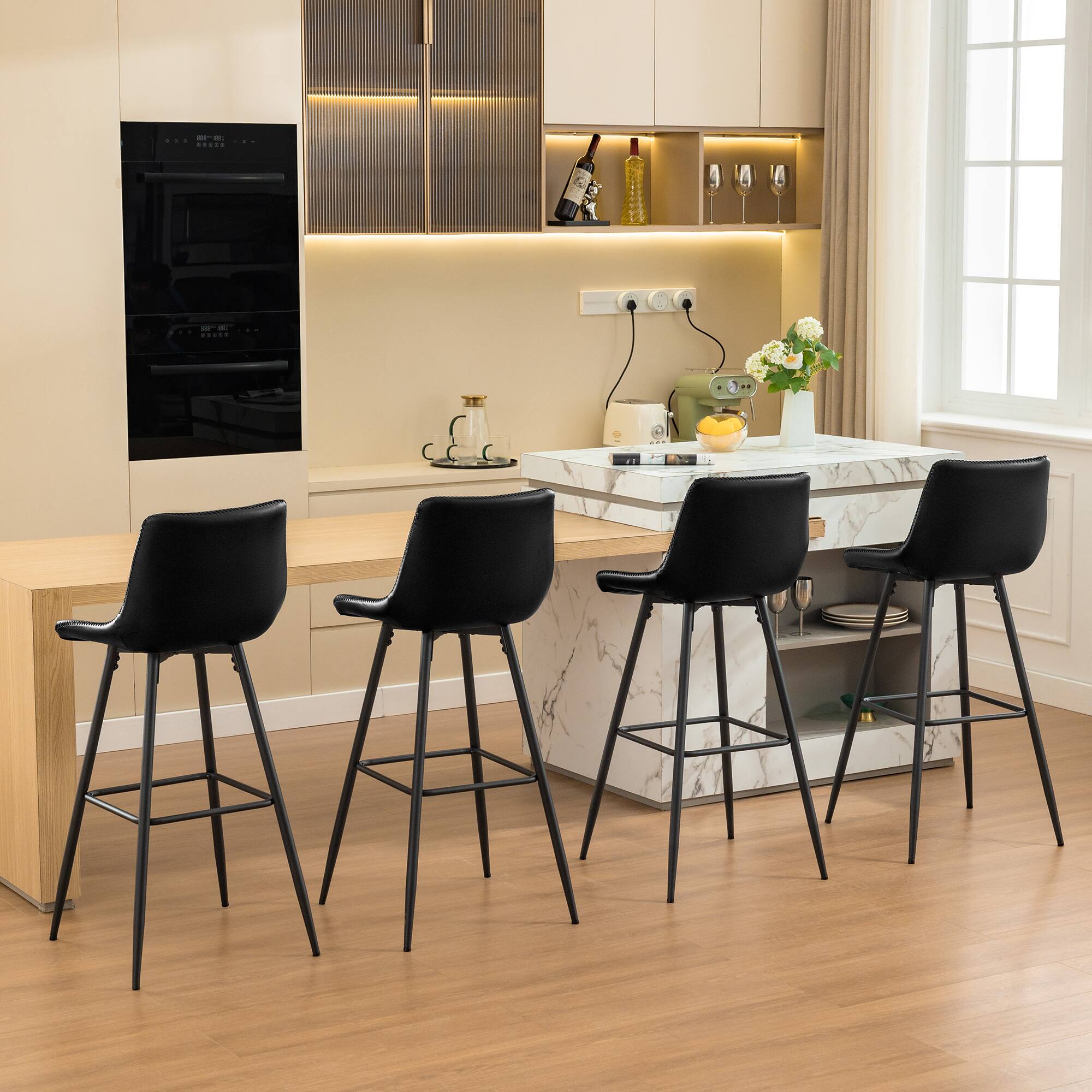 Alt View 7. KERDOM - 4pcs Bar Stools with Back, 24/28 inches Height Counter Bar Chair, PU Leather Armless Kitchen Island High Dining Chair - 24‘’ Height - Black.