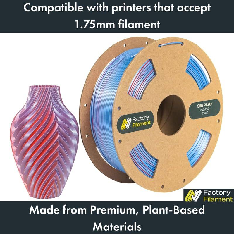 Compatible with printers that accept 1.75mm filament

Factory IN Filament Silk PLA+ 200/220 55/60

Made from Premium, Plant-Based Materials