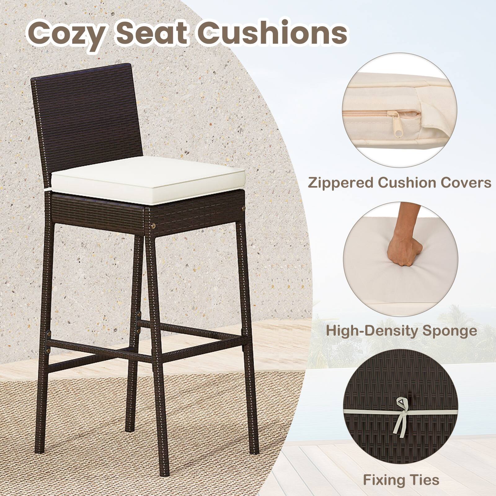 Gymax - Set of 3 Outdoor Bar Set Patio Rattan Bar Height Table & Chairs w/ Glass Tabletop Mix Brown - Mix Brown & Off White - Thumbnail 4