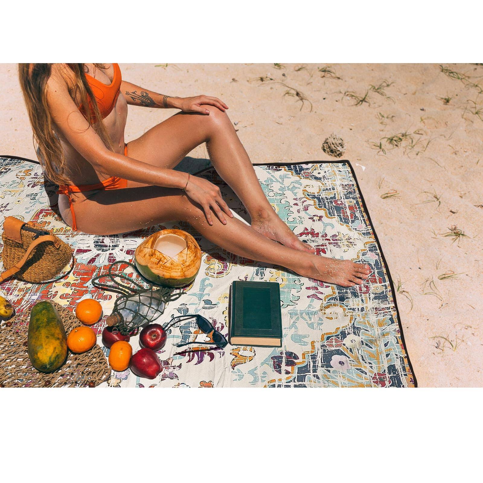 Alt View 4. Reds Spade - Picnic Blankets Waterproof Sandproof Beach Blanket Foldable Portable Travel Extra Large Vintage Boho Campin... - Pink Boho Flower-5' x 6'8" (Rectangular).