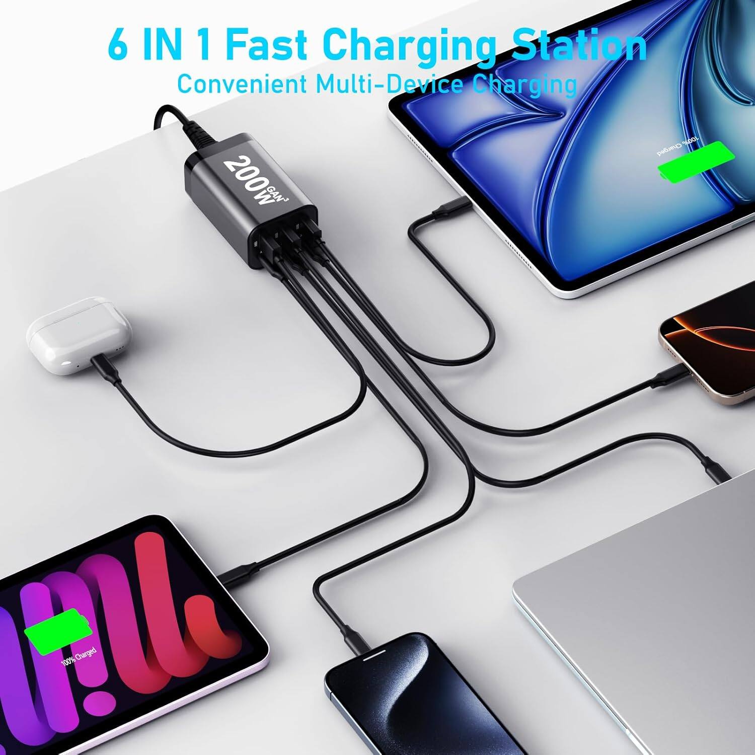 6 IN 1 Fast Charging Station  
Convenient Multi-Device Charging  
100% Charged  
200W GAN3