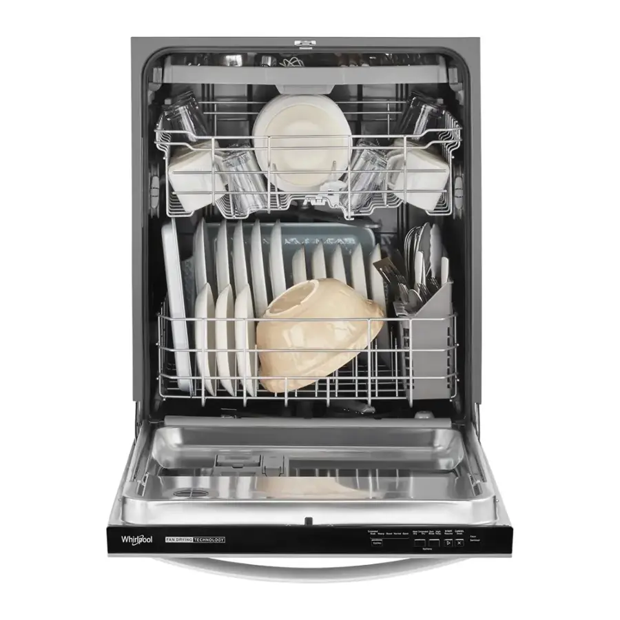 The image features a dishwasher with a full rack of dishes, including plates, cups, and bowls. The dishes are arranged in various positions, with some stacked on top of each other and others placed horizontally. The dishwasher is open, revealing the dishes inside, and it appears to be a Whirlpool brand.