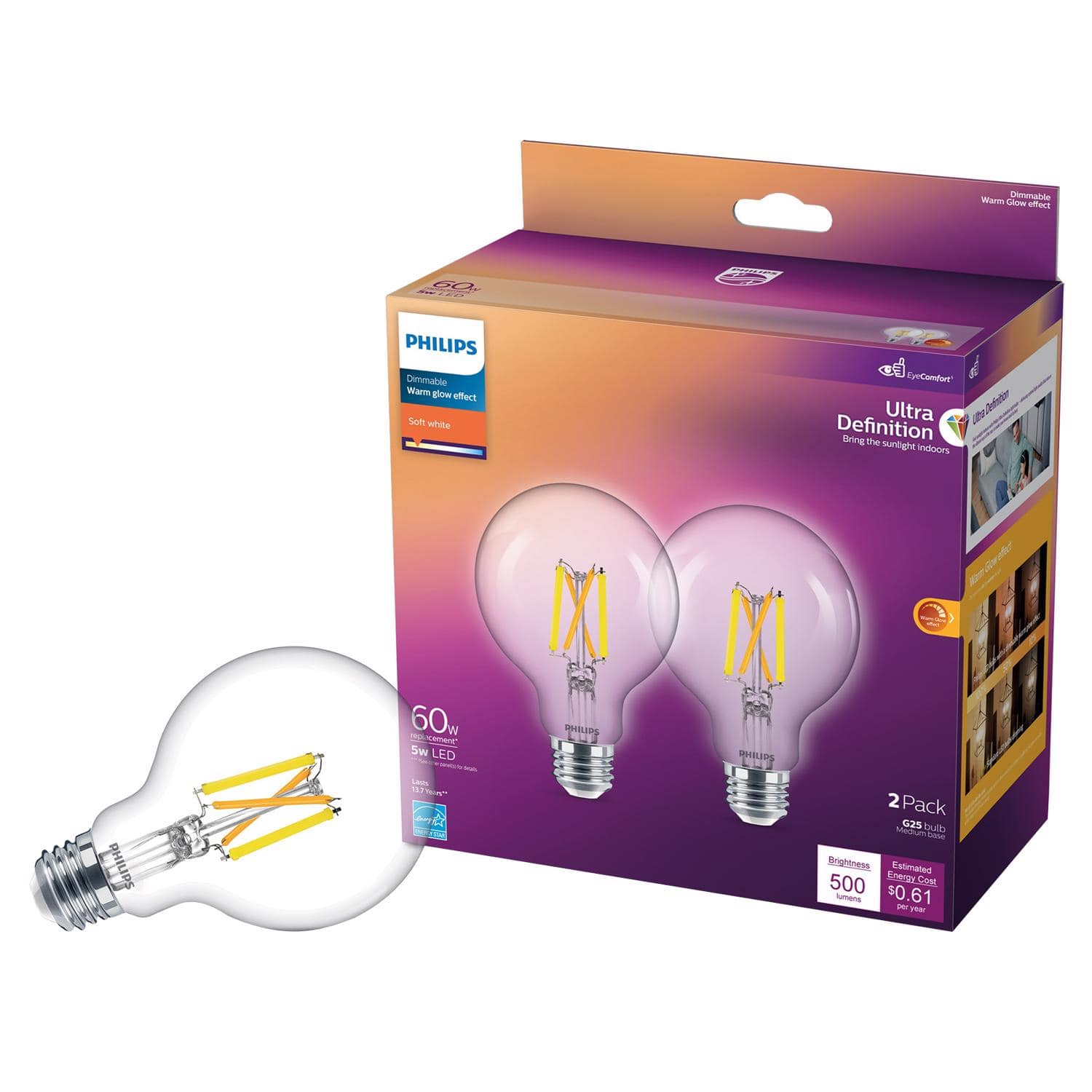 Philips - G25 E26 (Medium) LED Bulb Soft White 60 Watt Equivalence 2 pk