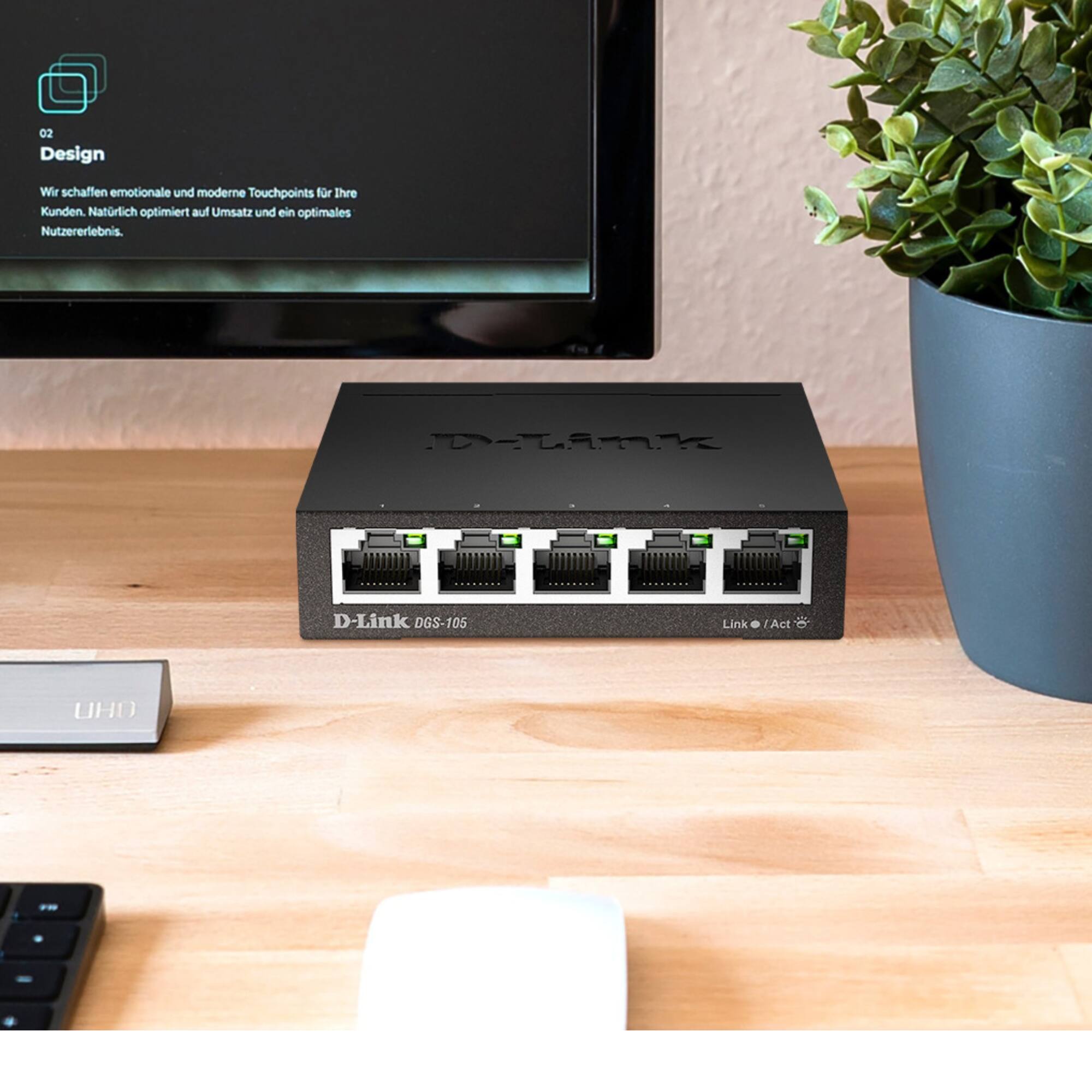 02 Design  
Wir schaffen emotionale und moderne Touchpoints für Ihre Kunden. Natürlich optimiert auf Umsatz und ein optimales Nutzererlebnis.

D-Link DGS-105  
Link / Act