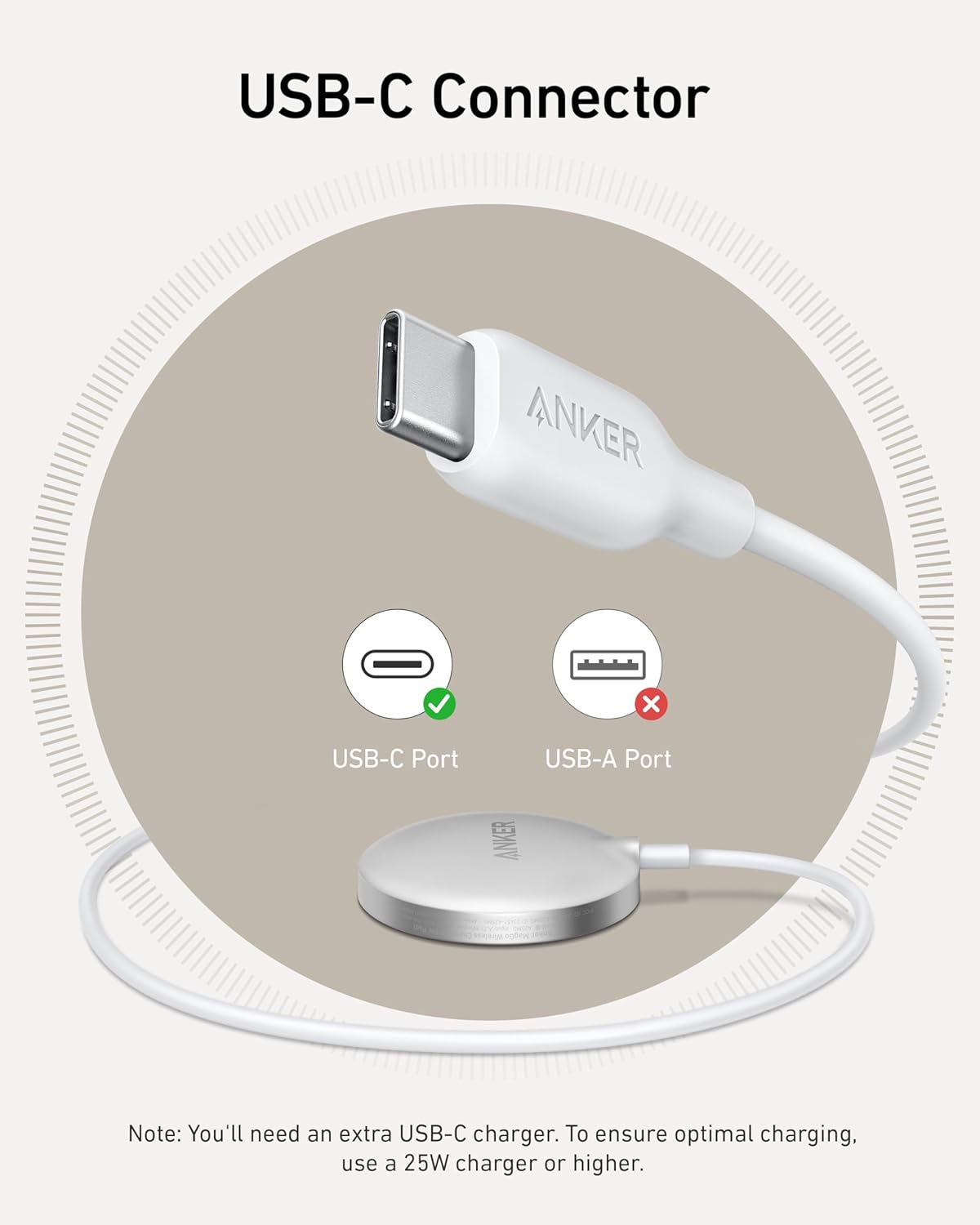USB-C Connector

USB-C Port ✔️  
USB-A Port ❌

Note: You'll need an extra USB-C charger. To ensure optimal charging, use a 25W charger or higher.