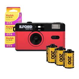 Ilios - Sprite 35 II 35mm Analog Film Camera Red Black with 3 Pack Film Bundle