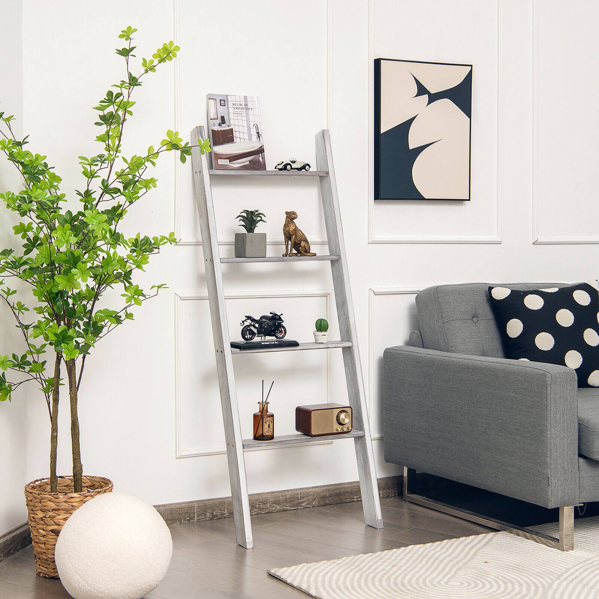 Alt View 1. Costway - Costway Wall Leaning Blanket Ladder Wood Decorative Quilt Blankets Holder Rack - Grey.