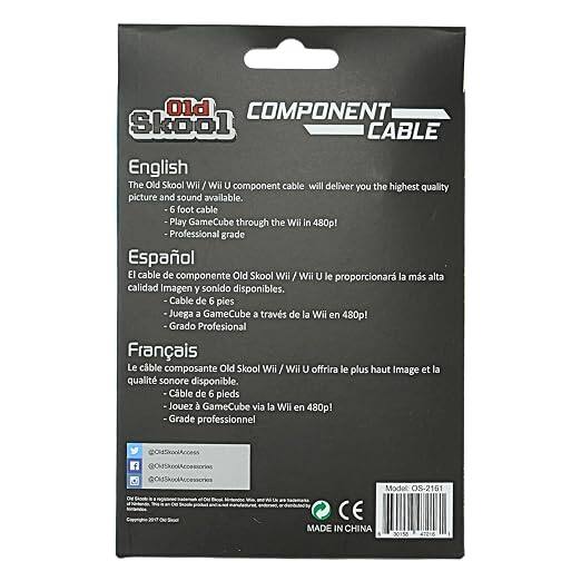 Old Skool Component Cable

English: The Old Skool Wii / Wii U component cable will deliver you the highest quality picture and sound available. 6 foot cable! Play GameCube through the Wii in 480p! Professional grade

Español: El cable de componente Old Skool Wii / Wii U le proporcionar la ms alta calidad Imagen y sonido disponibles. -Cable de 6 pies Juega a GameCube 3 travs de la Wii en 480p! -Grado Profesional

Français: Le cable composante Old Skool Wii / Wii U offrira le plus haut Image et la qualit sonore disponible. Cble de 6 pleds Jouez  GameCube via la WII en 480p! Grade professionnel

Model: OS-2151 CE
Made in China
00158 47218