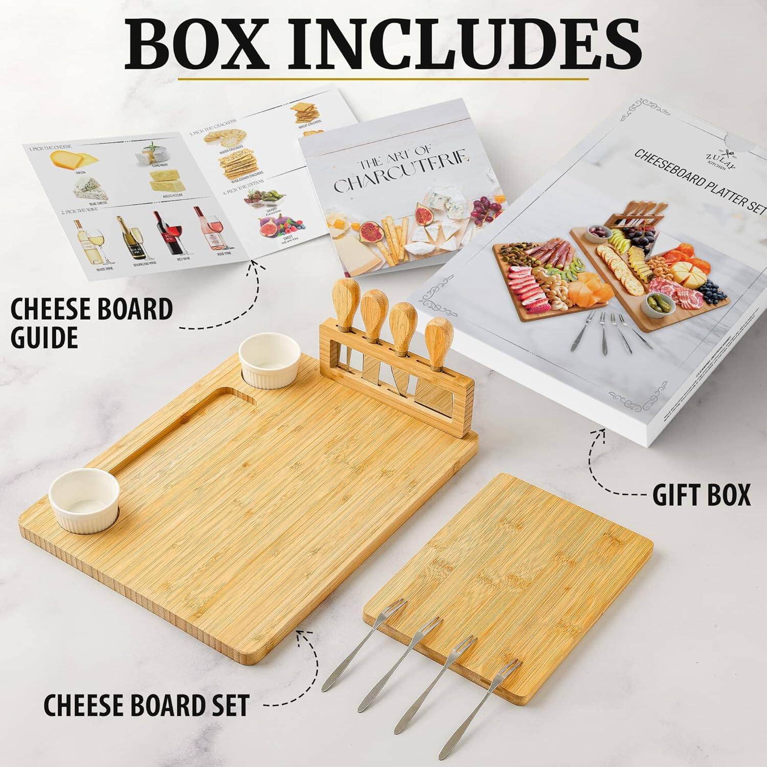 BOX INCLUDES

- CHEESE BOARD GUIDE
- CHEESE BOARD SET
- GIFT BOX