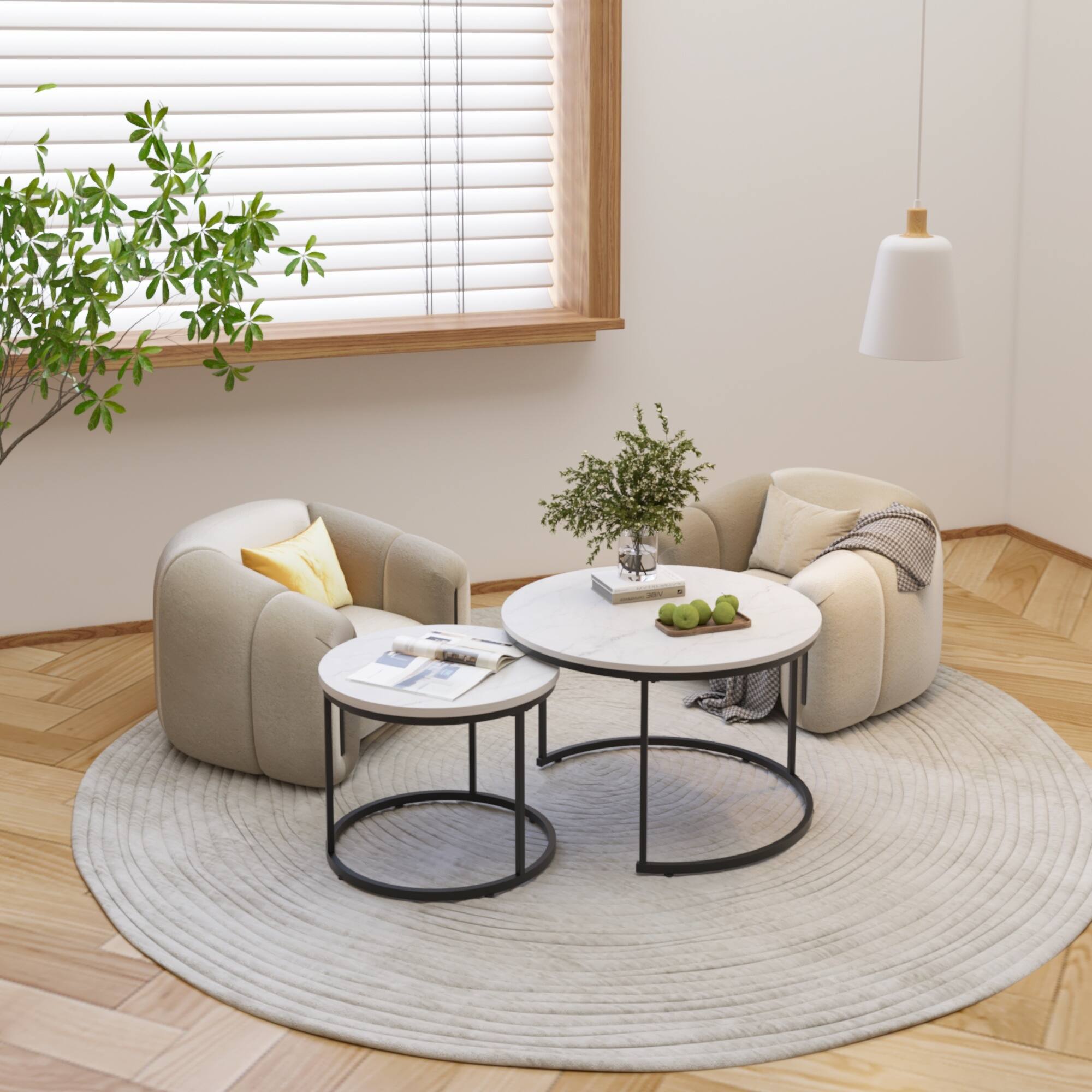Left. Z-Edge - Modern Coffee Table, Nesting Round Table Set of 2, Side Table with Sturdy Metal Frame for Living Room Bedroom Apartment - White + Black.