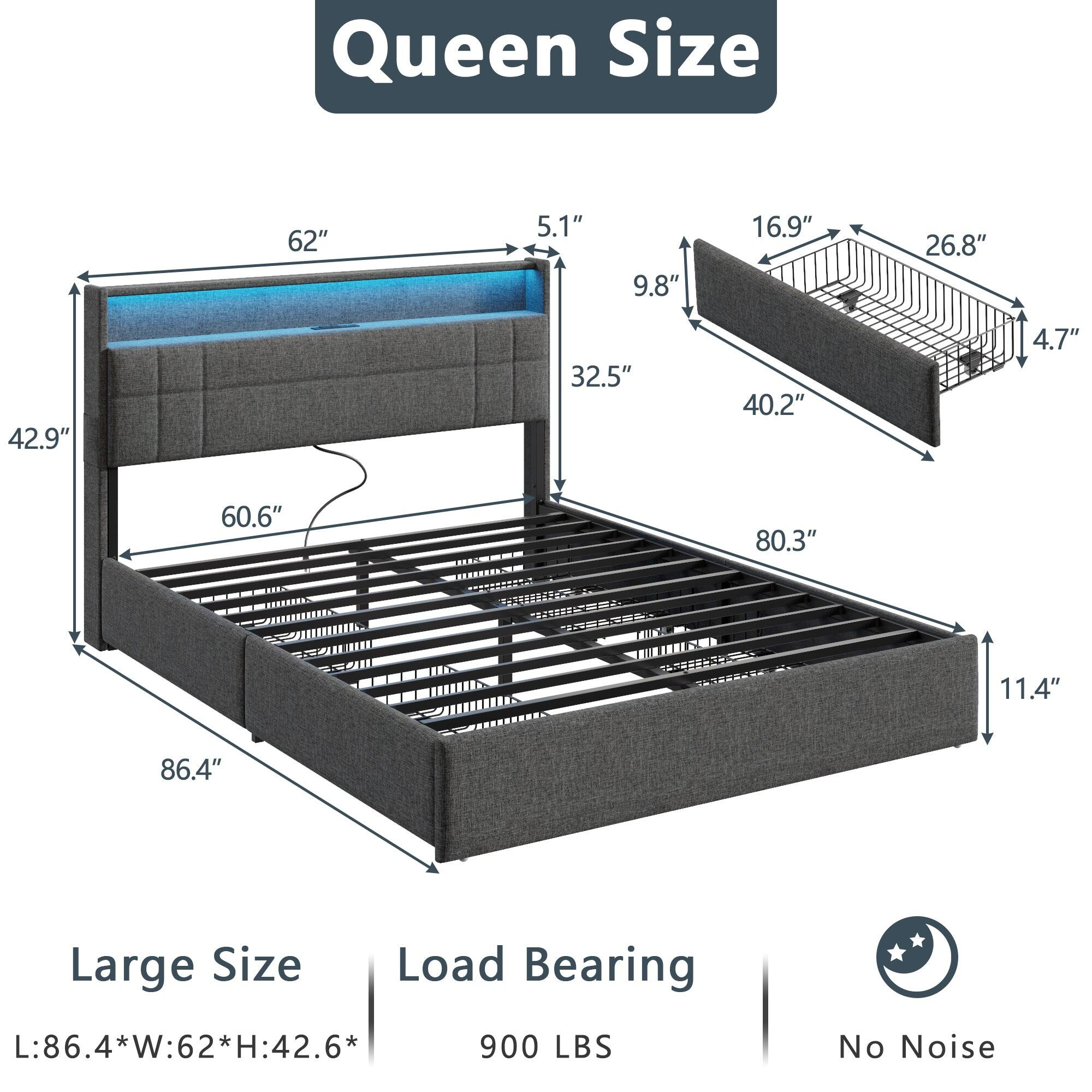 Queen Size  
62" 5.1" 9.8" 16.9" 26.8" 42.9" 32.5" 40.2" 4.7" 60.6" 80.3" 11.4" 86.4"  

Large Size  
Load Bearing  
L:86.4*W:62*H:42.6  
900 LBS  
No Noise