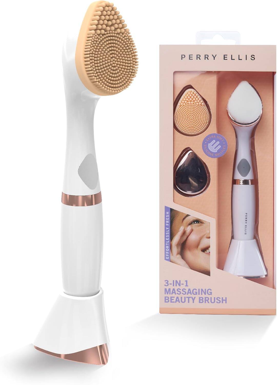 Perry Ellis - 3-in-1 Beauty Brush with Silicone Face Massager, Cleansing Makeup Brush, Metallic Eye-Massaging Plate, Water-Resistant - White