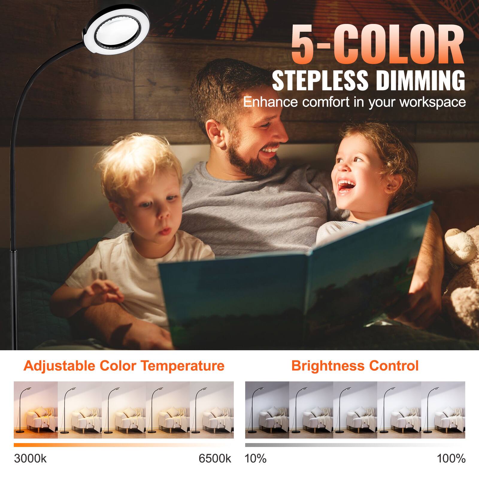 5-COLOR STEPLESS DIMMING  
Enhance comfort in your workspace  

Adjustable Color Temperature  
3000k 6500k  

Brightness Control  
10% 100%