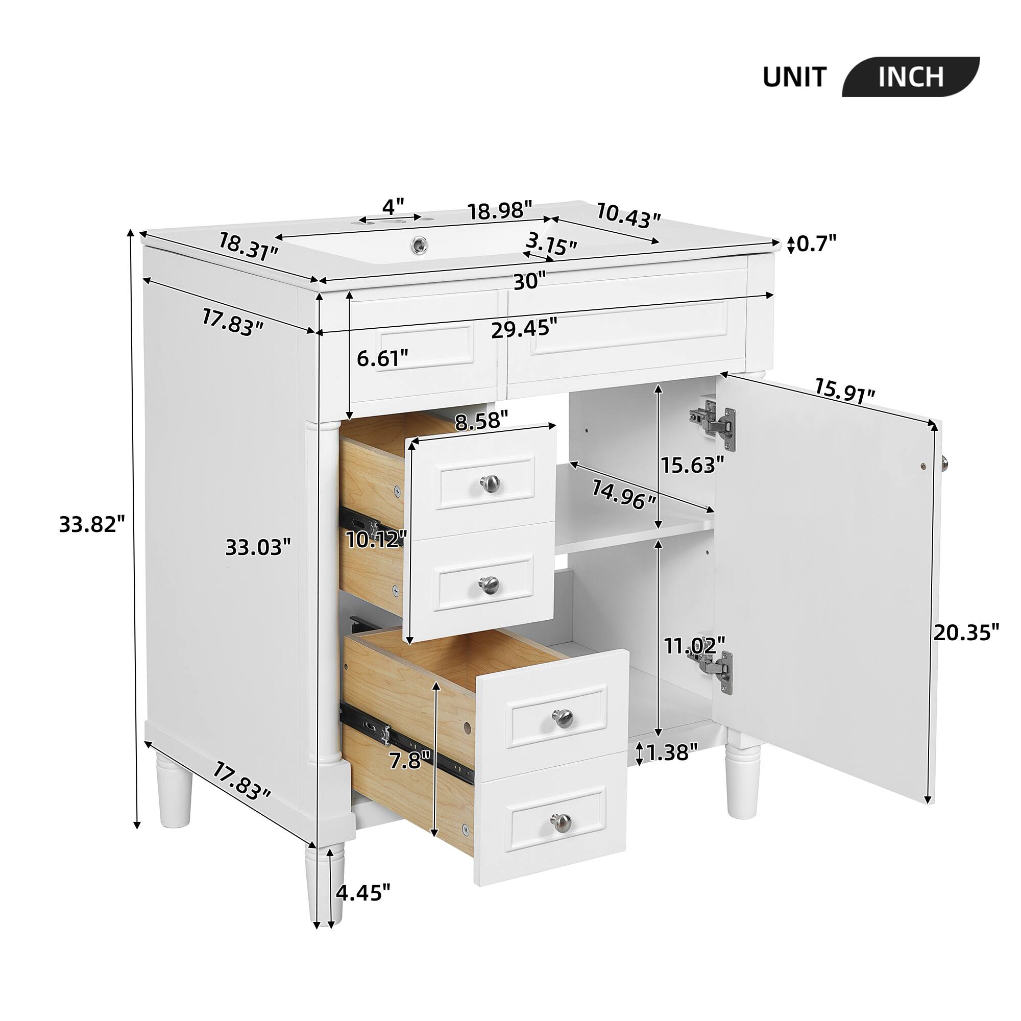 UNIT INCH

- 33.82"
- 18.31"
- 17.83"
- 33.03"
- 4"
- 6.61"
- 10.12"
- 18.98"
- 10.43"
- 3.15"
- 30"
- 29.45"
- 8.58"
- 15.63"
- 14.96"
- 0.7"
- 15.91"
- 11.02"
- 20.35"
- 17.83"
- 7.8"
- 1.38"
- 4.45"