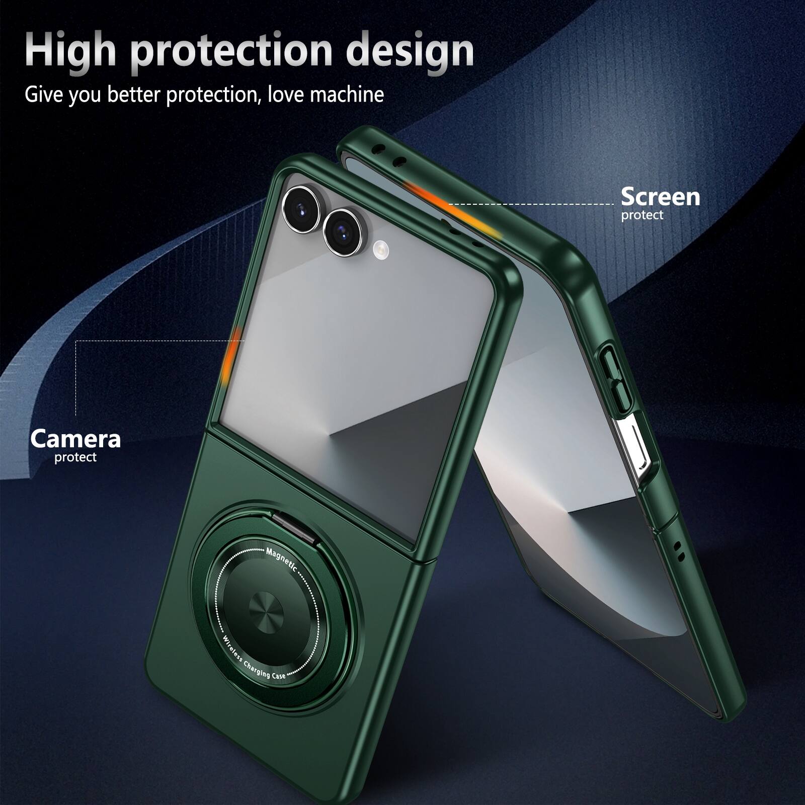 High protection design  
Give you better protection, love machine  

Screen protect  
Camera protect  

Magnetic Wireless Charging Case