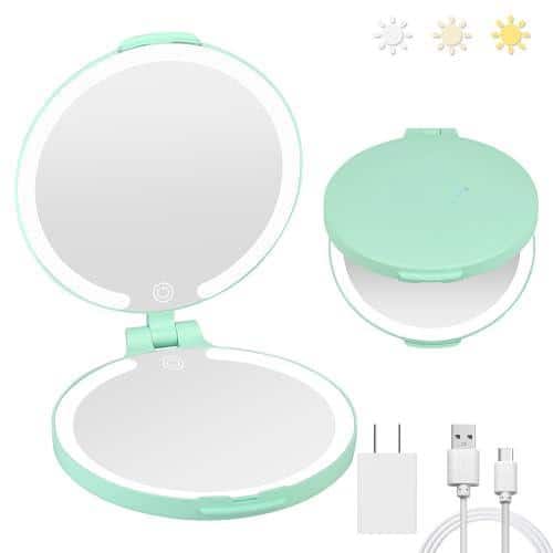Pacoar Cade - Travel Magnifying Mirror With Colors Light /Makeup For Pocket Rechargeable sided Touch Women By - Green-light Up Mirror