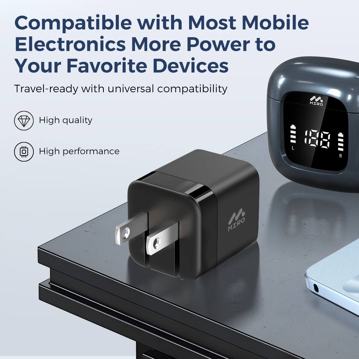 Compatible with Most Mobile Electronics More Power to Your Favorite Devices Travel-ready with universal compatibility MIRO High quality High performance MIRO L 188 R