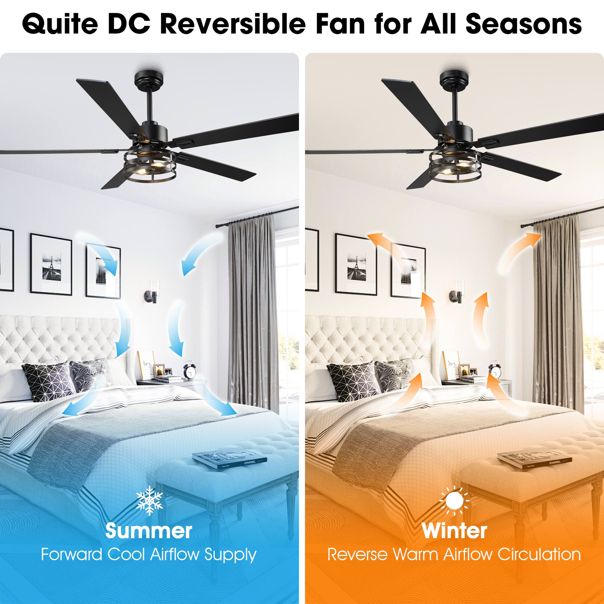 Quite DC Reversible Fan for All Seasons - Summer Forward Cool Airflow Supply Winter Reverse Warm Airflow Circulation
