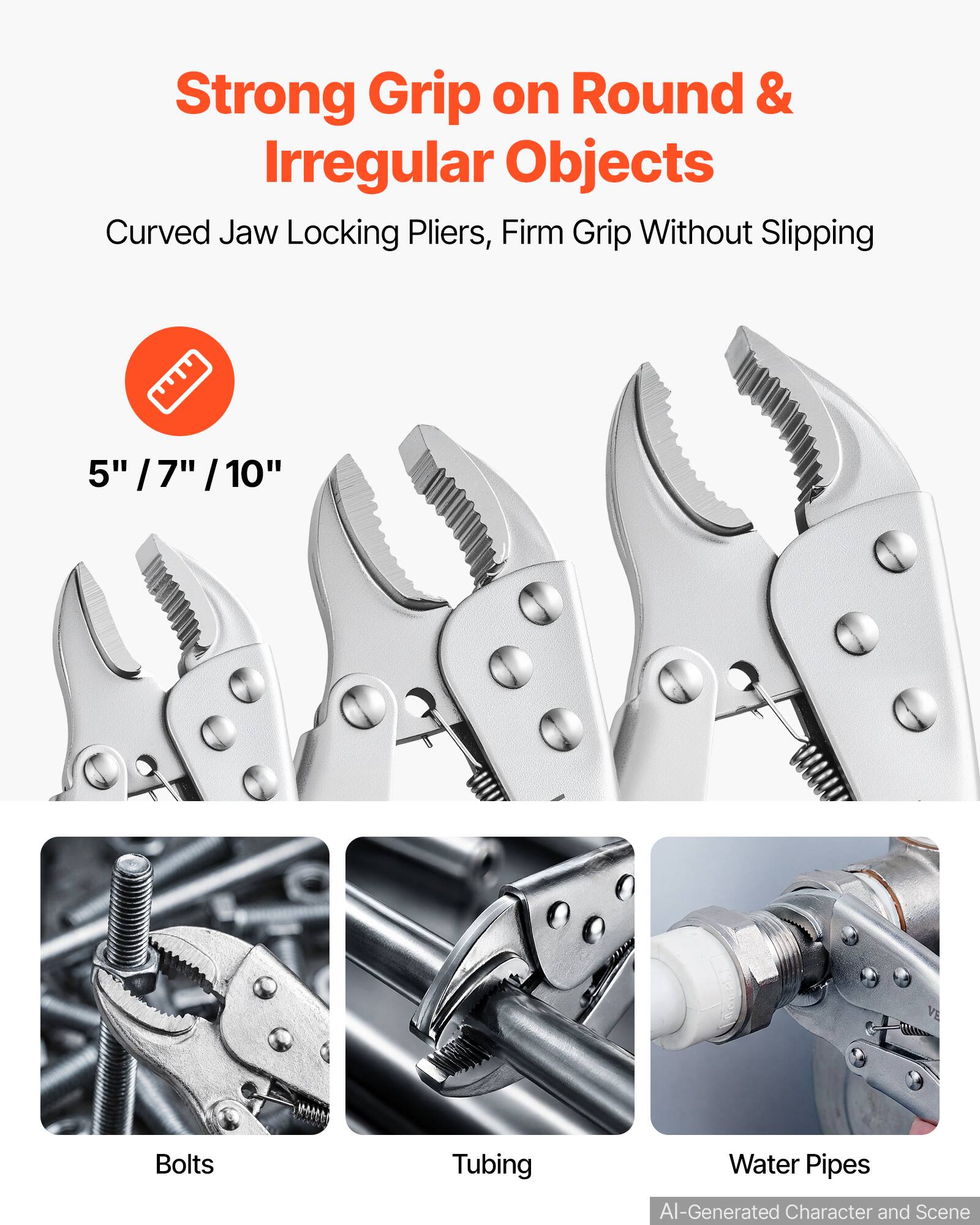 Strong Grip on Round & Irregular Objects  
Curved Jaw Locking Pliers, Firm Grip Without Slipping  

5" / 7" / 10"  

Bolts  
Tubing  
Water Pipes  

AI-Generated Character and Scene