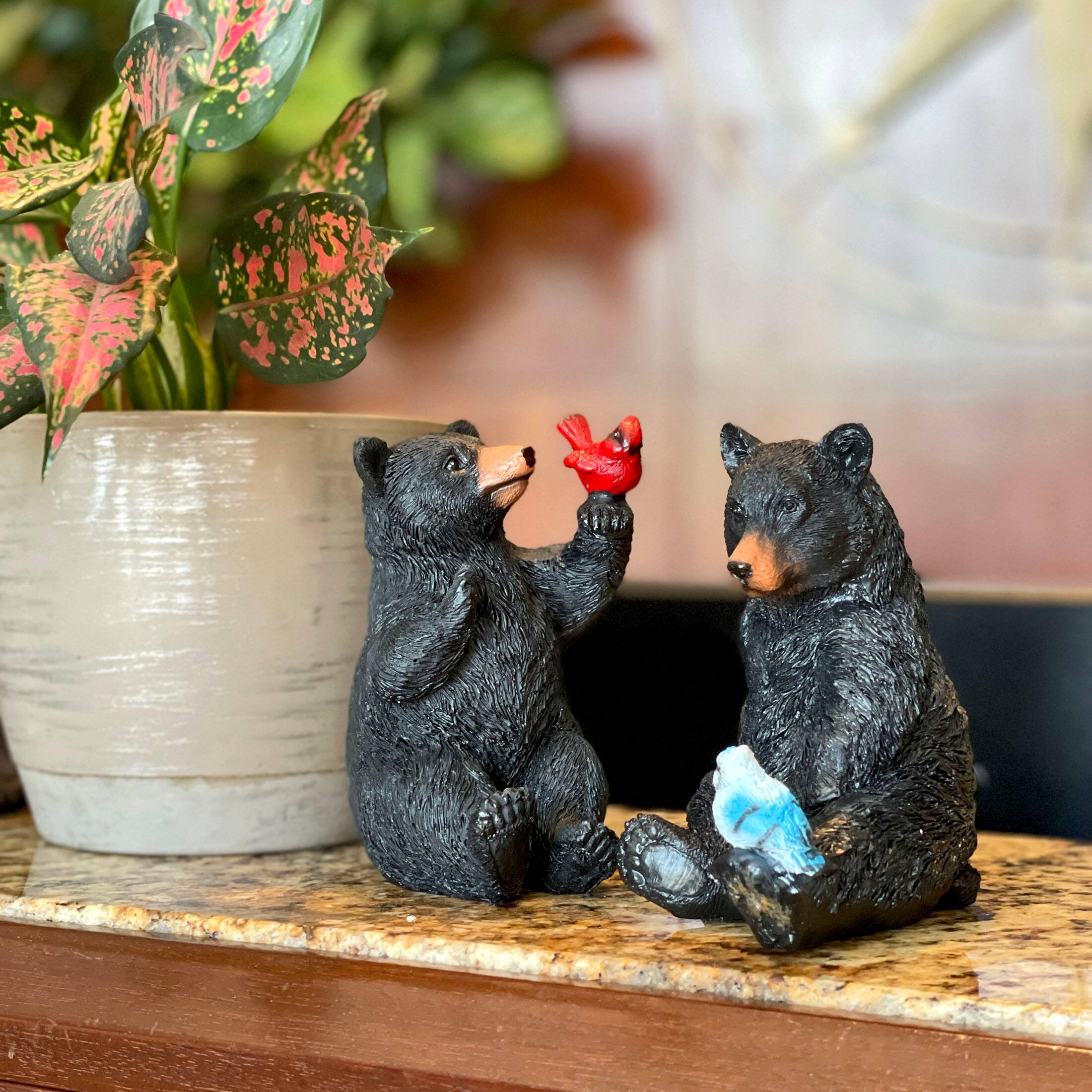 Alt View 4. Things2Die4 - Set of 2 Black Bear Statues with Birds, 5” Tall – Rustic Resin Animal Decor - Black.