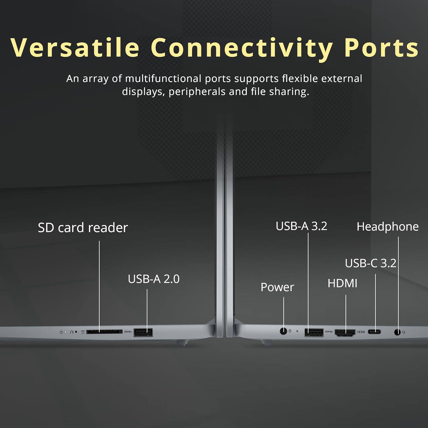 Versatile Connectivity Ports  
An array of multifunctional ports supports flexible external displays, peripherals and file sharing.  
SD card reader  
USB-A 3.2  
Headphone  
USB-A 2.0  
Power  
USB-C 3.2  
HDMI