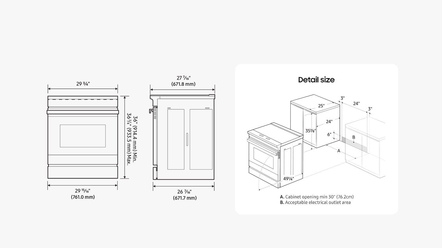 The text on the image is grouped and corrected as follows:
1. Detail size: 363/4" (933.5 mm)
2. Maximum cabinet opening: 29 15/16" (761.0 mm)
3. Minimum cabinet opening: 26 7/16" (671.7 mm)
4. Acceptable electrical outlet area: 30" (76.2 cm)