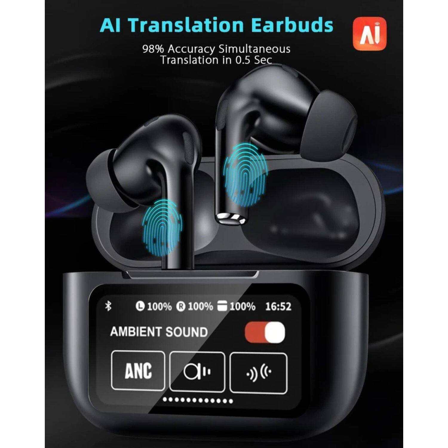 AI Translation Earbuds  
98% Accuracy  
Simultaneous Translation in 0.5 Sec  

100% L  
100% R  
100%  

16:52  

AMBIENT SOUND  
ANC