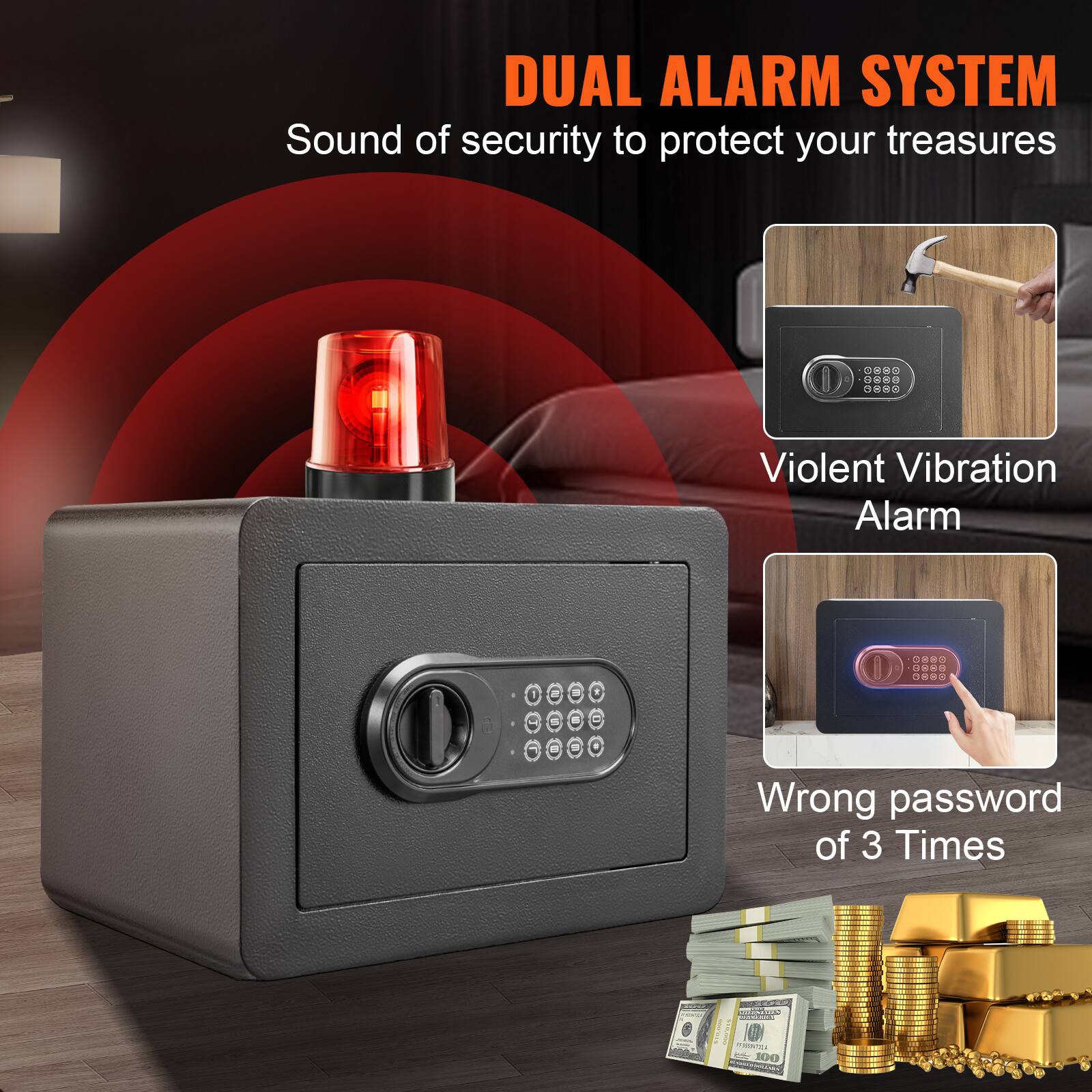 DUAL ALARM SYSTEM
Sound of security to protect your treasures
Violent Vibration Alarm
Wrong password of 3 Times