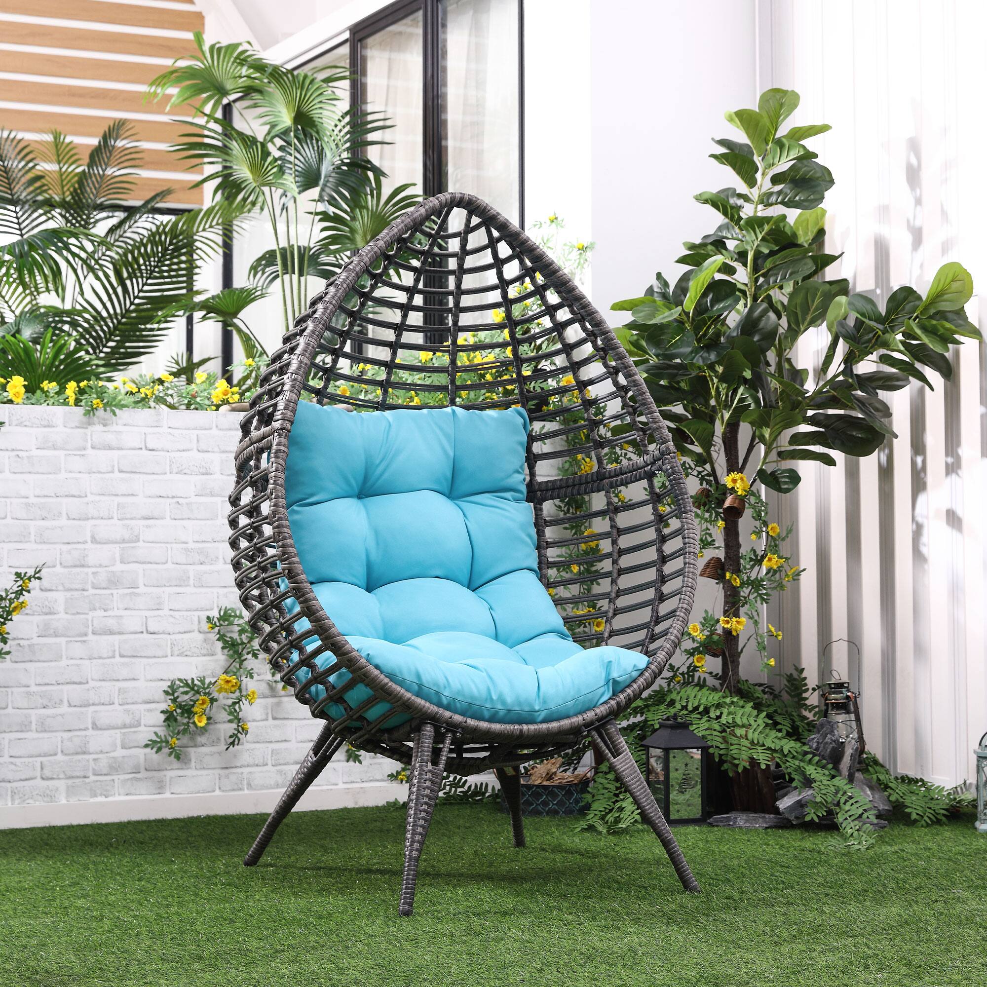 Alt View 1. Outsunny - Patio Wicker Egg Chair w/ Soft Cushion, Teardrop Cuddle Seat, Outdoor / Indoor Patio Chair, PE Plastic Rattan Furniture - Light Blue.